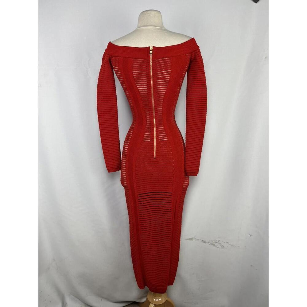 Balmain Off-The-Shoulder Knit Maxi Dress Red - Picture 2 of 6